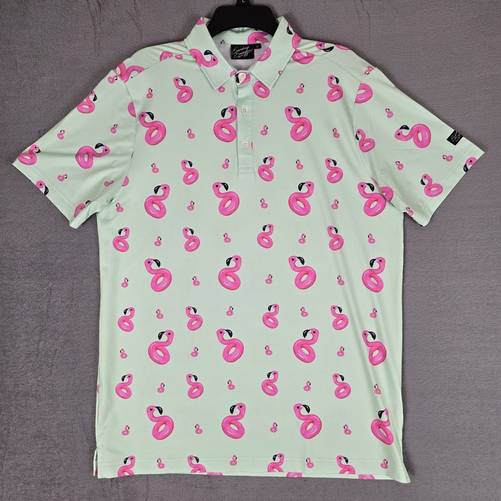 Sunday Swagger Polo Shirt Men Medium Green Flamingo AOP Short Sleeve Performance
